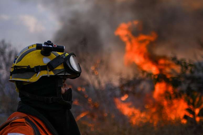 Bombeiro trabalha para apagar incêndio no Parque Burle Marx, em Brasília