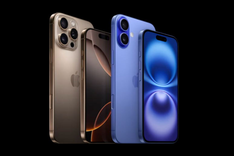 Imagem mostra Iphone 16, em duas cores e dois modelos.