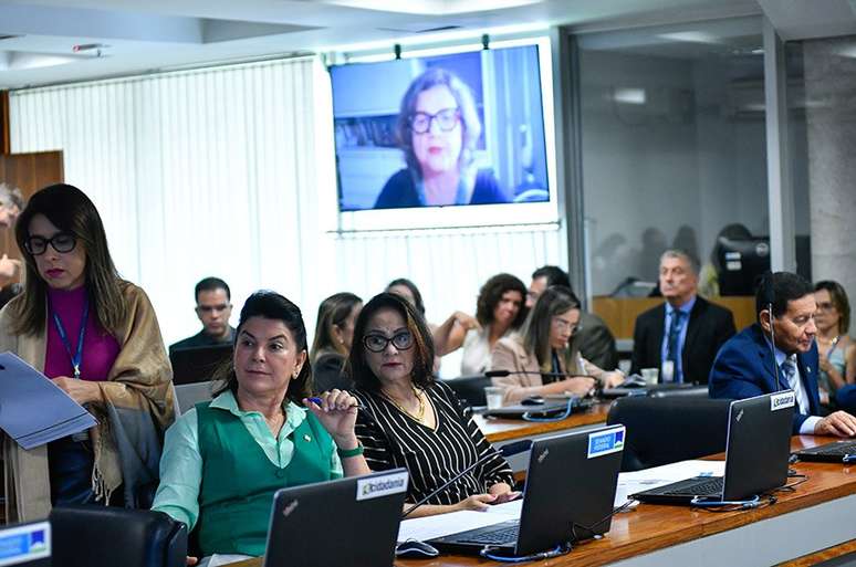 A senadora Teresa Leitão (no telão0 relatou o projeto por videoconferência