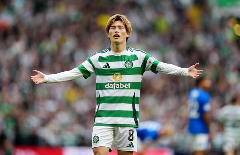 Kyogo Furuhashi (Celtic) celebrando seu gol contra o Rangers, no dia 01.09.2024 