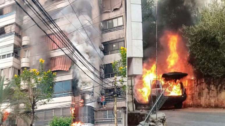 Fachada de prédio pega fogo em Beirute, Líbano, após explosões de walkies