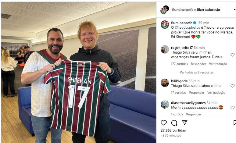 Ed Sheeran com camisa do Fluminense, no Maracanã 