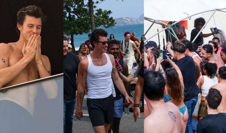 Com sorrisão no rosto, Shawn Mendes vai à praia de Ipanema e é cercado por uma multidão de fãs. Veja fotos!.