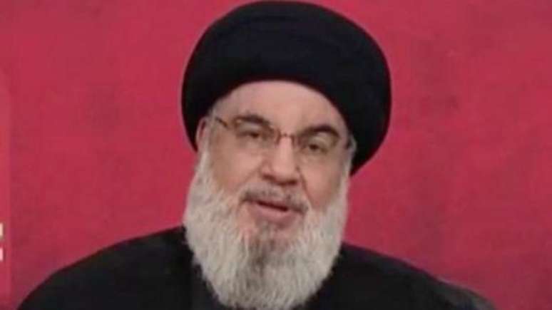 O líder do Hezbollah, Hassan Nasrallah, falando na televisão no mês passado