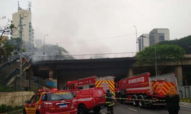 Fogo atingiu viaduto sobre a Avenida 23 de Maio, na região da Liberdade, no centro de São Paulo.