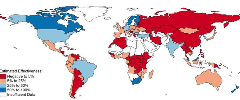 World map showing red, blue, apricot and white areas