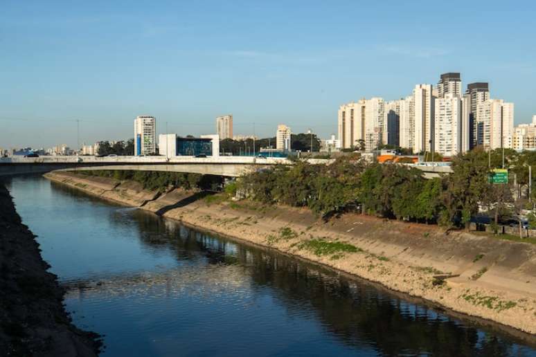 Trecho do Rio Tietê na capital; governo afirma que tem investido no desassoreamento e retirada de detritos.