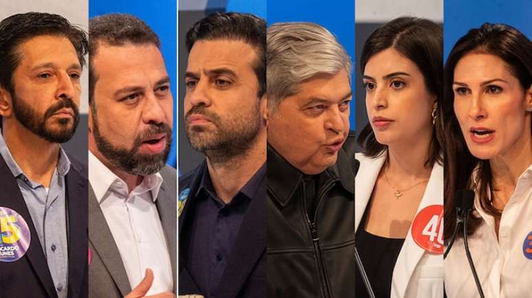 Ricardo Nunes, Guilherme Boulos, Pablo Marçal, Luiz Datena, Tabata Amaral e Marina Helena no debate UOL/Rede TV