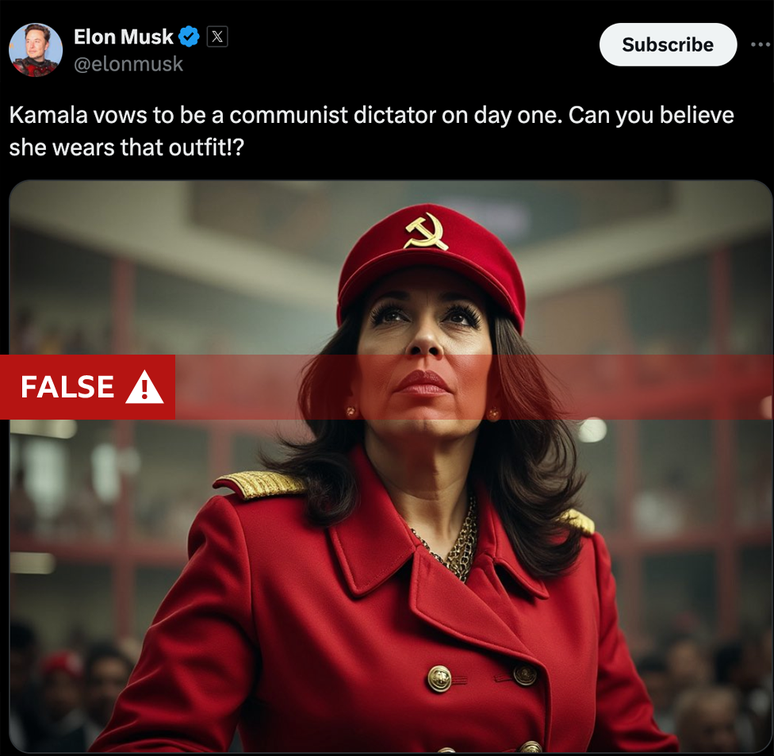 Captura de tela de uma postagem de Elon Musk no X (antigo Twitter) que diz: 'Kamala promete ser uma ditadora comunista desde o primeiro dia. Você acredita que ela usa essa roupa!?'