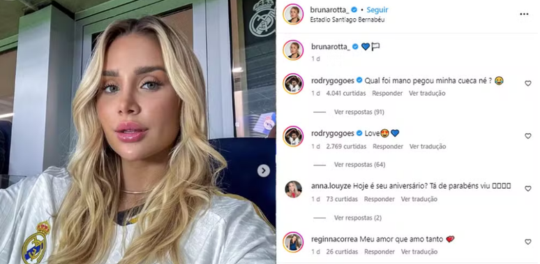 Rodrigo chama a atenção dos seguidores ao comentar foto de Bruna Rotta -