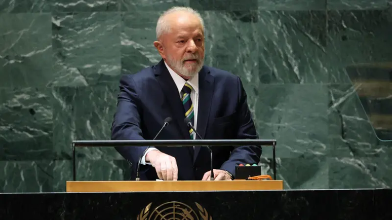 Lula durante discurso na Assembleia Geral da ONU em 2023, quando o presidente viajou com uma grande delegação e “certa pompa" após o governo Bolsonaro