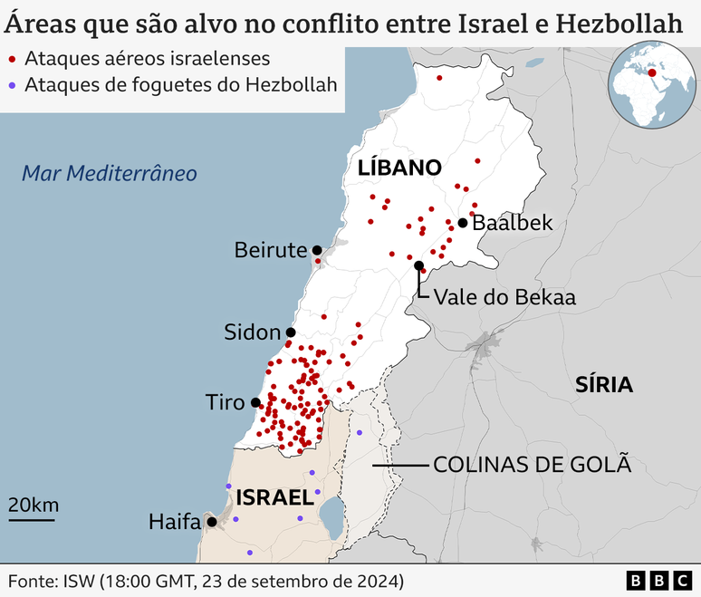 Mapa mostrando ataques aéreos e com mísseis no Líbano e em Israel.