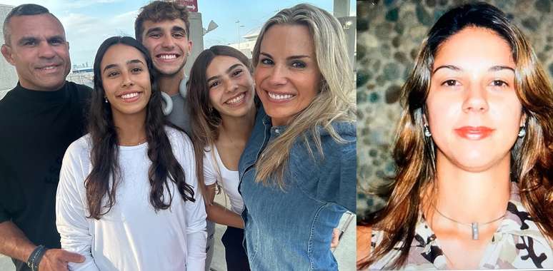 Vitor e Joana Belfort com os filhos; ao lado, imagem de arquivo de Priscila Belfort