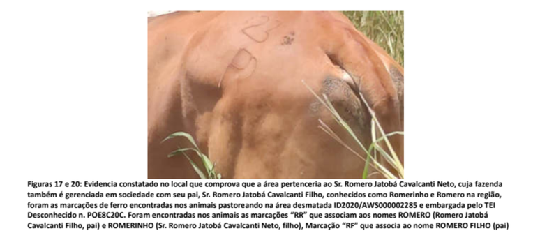 Trecho de relatório do Ibama com imagem de uma evidência para acusar Cavalcanti Neto de ser dono da fazenda. Segundo os fiscais, a sigla marcada representaria a família do político.