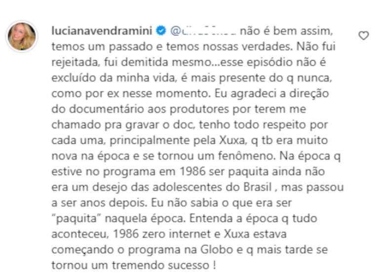 Luciana Vendramini rebate coment&aacute;rios sobre o que foi dito na s&eacute;rie documental 'Pra Sempre Paquitas'.