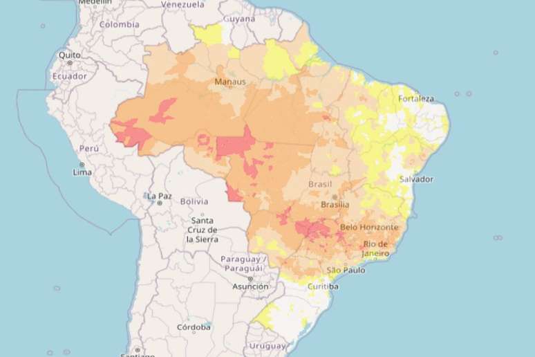 Mapa divulgado pelo Cemaden mostra Índice Integrado de Secas (IIS3) até agosto de 2024. As áreas em vermelho mostram a seca extrema. Em laranja, a seca severa, e as cores mais claras representam a seca moderada a fraca