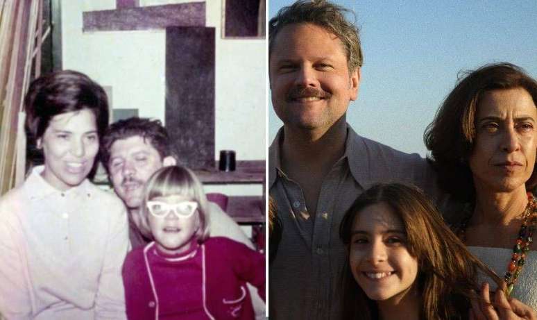 À esq., foto de família com Eunice, Rubens e Babiu (filha caçula) no Rio em 1970 (à dir., cena do filme)