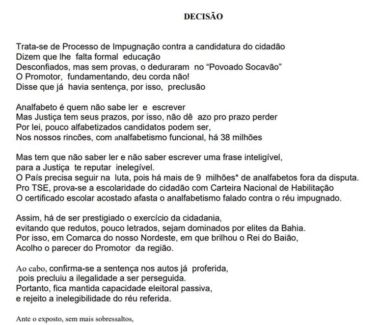 Juiz aponta decisão em forma de cordel