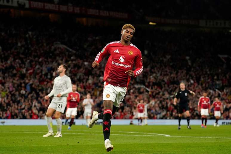 Marcus Rashford (Manchester United) após marcar seu gol contra o Barnsley, no dia 17.09.2024 