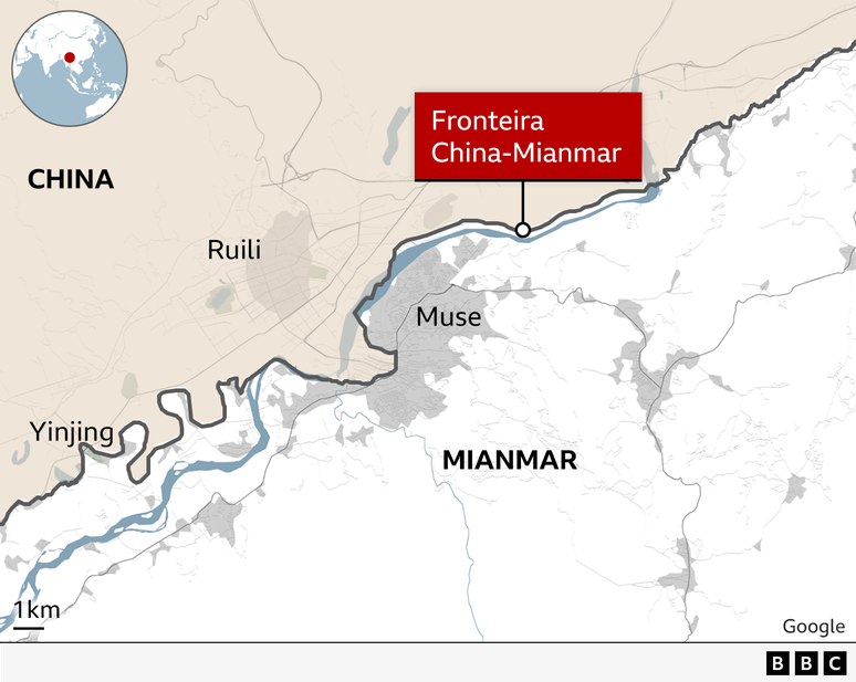 Mapa da fronteira entre China e Mianmar.