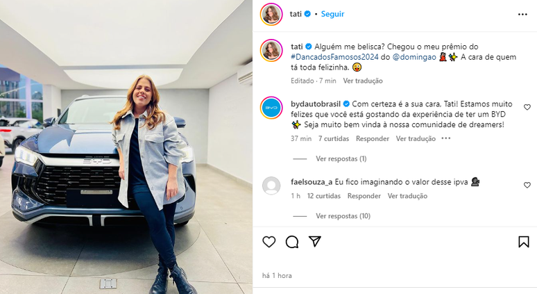 Tati Machado postou foto ao lado do carro que ganhou 