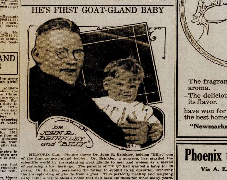 Brinkley posa orgulhosamente com Billy, o bebê supostamente nascido dos testículos de um bode, no jornal Arizona Republican, 1920.