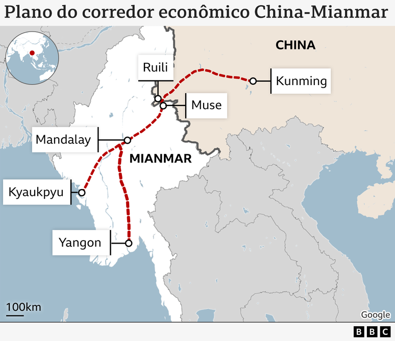 Mapa mostrando o corredor econômico China-Mianmar.