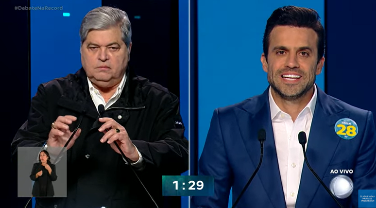 José Luiz Datena (PSDB) e Pablo Marçal (MDB) no debate promovido pela Record no último sábado, 28.