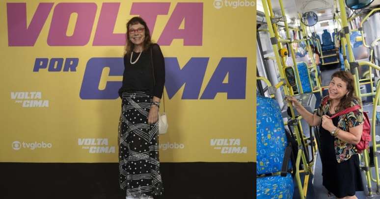 A atriz no lançamento da novela da Globo e andando de ônibus na cidade de São Paulo, onde mora