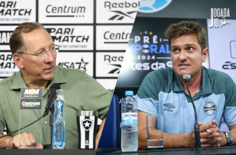 Fotos: Vitor Silva/Botafogo e Lucas Uebel/Grêmio - Legenda: Textor não deixa Brum falando sozinho