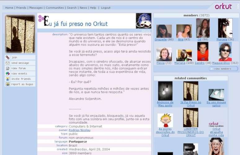 Print de tela da comunidade "Eu já fui preso no Orkut".