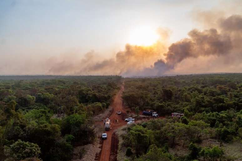 A Defesa Civil estadual mobiliza efetivo para combater um incêndio que devasta a Estação Ecológica Jataí, no interior paulista.