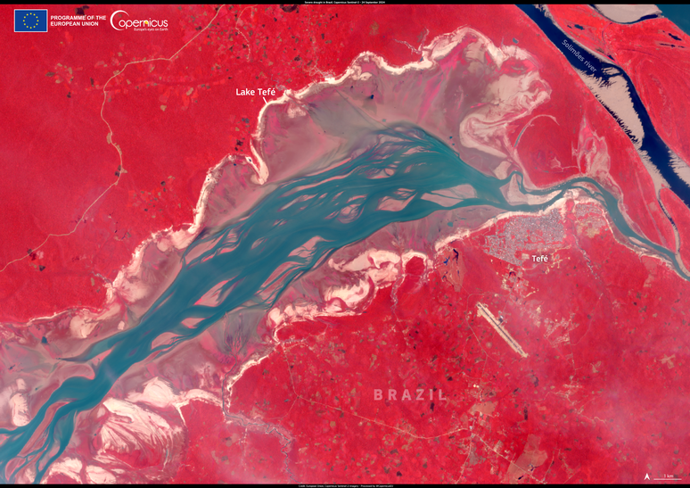 Imagem de satélite mostra o impacto da seca no Lago Tefé