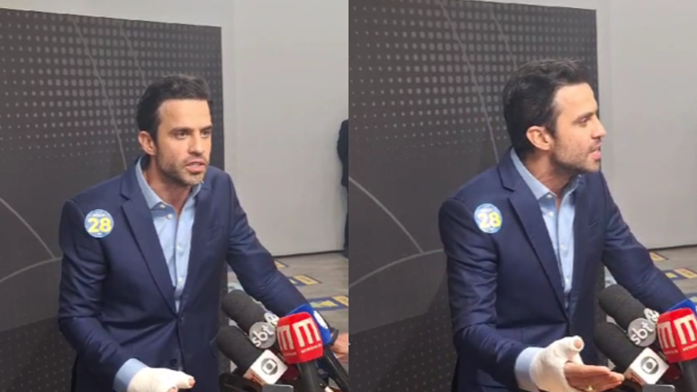 Pablo Marçal em coletiva de imprensa após término do debate organizado pela Folha de S. Paulo e pelo UOL