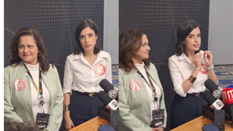 Tabata Amaral em coletiva de imprensa nesta segunda-feira, 30, ao lado da sua candidata a vice-prefeita, Lúcia França