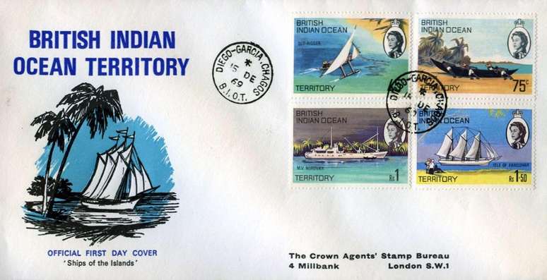 Selos oficiais do Território Britânico do Oceano Índico de 1969 — quatro anos depois de o Reino Unido ter assumido o controle do Arquipélago de Chagos, que pertencia às Ilhas Maurício