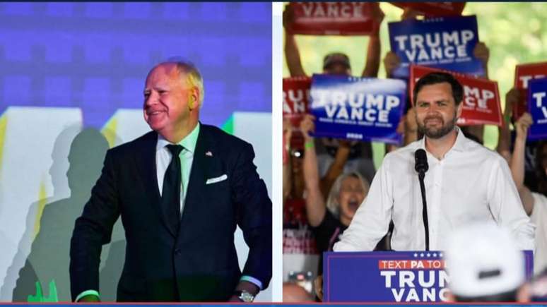 Tim Walz (Democrata) e J.D. Vance (Republicano), candidatos vice