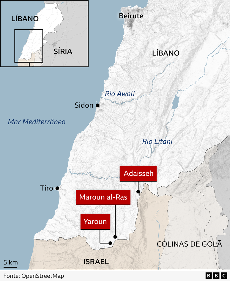 Mapa mostrando vilarejos no sul do Líbano, além dos rios Litani e Awali.