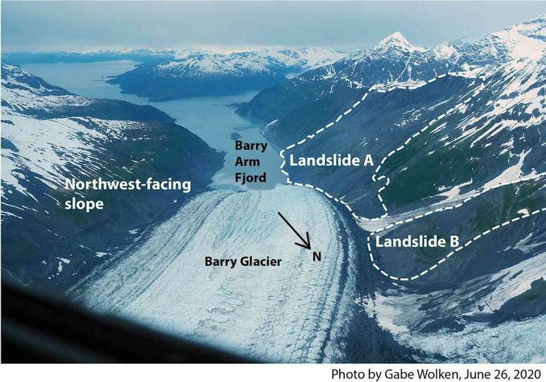 Annotated photo of large fjord.