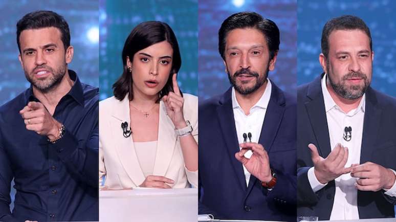 Os candidatos à Prefeitura de SP José Luiz Datena (PSDB), Ricardo Nunes (MDB), Guilherme Boulos (PSOL), Pablo Marçal (PRTB) e Tabata Amaral (PSB) no debate promovido pela Band