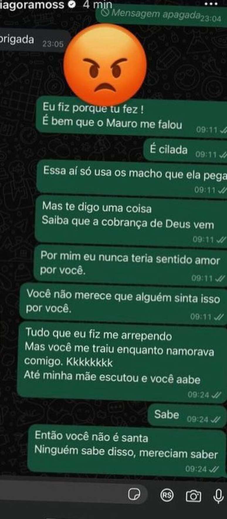 Tiago apagou o print minutos após a publicação e ainda não se manifestou sobre o tema –