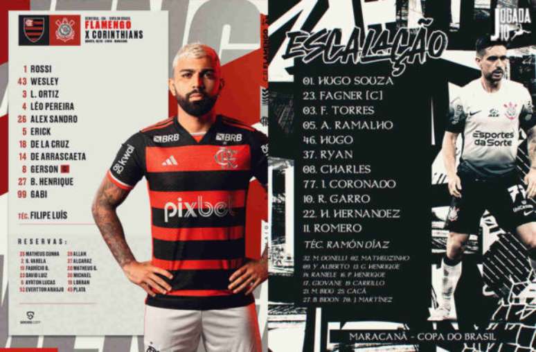Fotos: Divulgação/Flamengo/Corinthians - Legenda: Flamengo e Corinthians escalados para o duelo no Maracanã