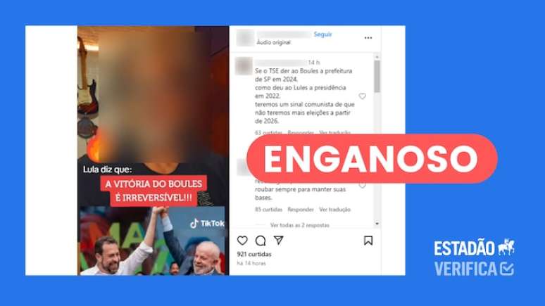 Postagem edita e distorce fala do presidente sobre vitória irreversível de Boulos. Na ocasião, o petista disse que isso se daria caso houvesse uma parceria entre a Prefeitura de São Paulo e o governo federal