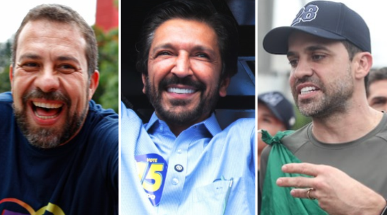 Da esquerda para a direita: Guilherme Boulos, Ricardo Nunes e Pablo Marçal