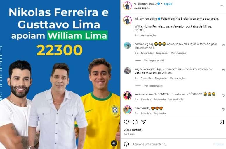 Gusttavo Lima e Nikolas em material de campanha de William Remelexo