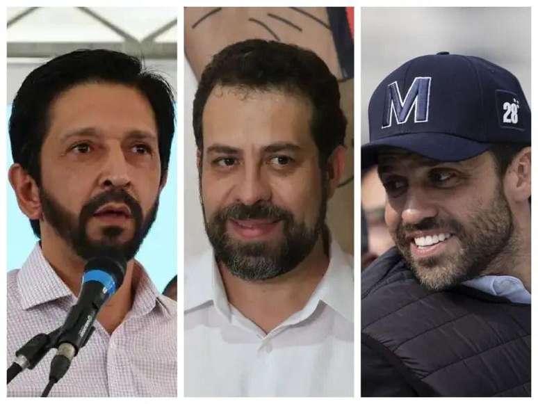 Die Kandidaten Ricardo Nunes (links im Bild), Guilherme Boulos (Mitte) und Pablo Marçal (rechts) stehen sich technisch unentschieden gegenüber