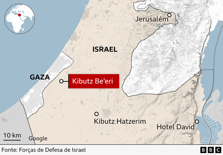 Mapa mostrando o Kibutz Be'eri e sua localização em relação ao Kibutz Hatzerim e ao Hotel David  — todos no sul de Israel.