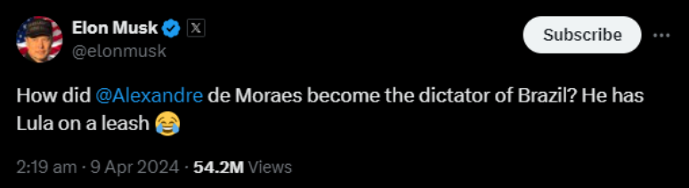 Elon Musk no Twitter: "Como Alexandre de Moraes virou ditador do Brasil? Ele tem Lula em uma coleira."