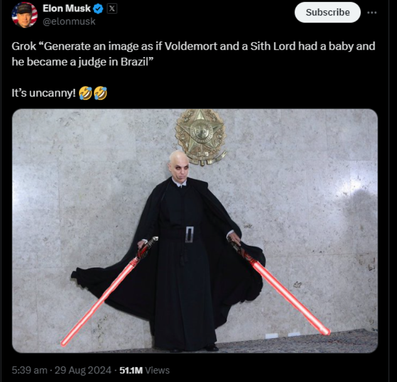 Elon Musk publicou memes satirizando Alexandre de Moraes, e o comparando a Voldemort e Sith Lord, vilões de filmes