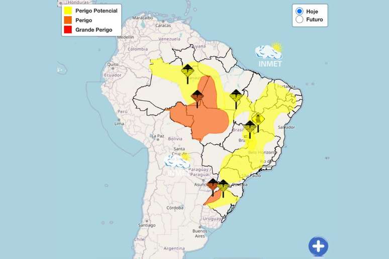 Inmet faz alerta laranja de perigo para tempestades, e alerta amarelo para baixa umidade no Brasil